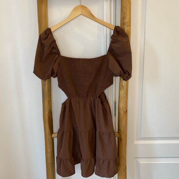 Missguided Smocked Cut Out Baby Doll Mini Dress Chocolate Brown Sz 8 - Picture 2 of 10